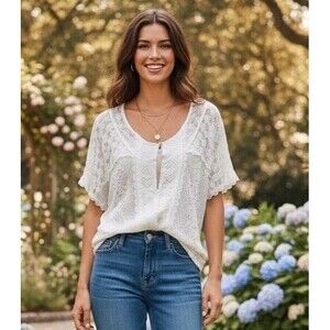 Anthropologie Knitted & Knitted White Crotchet Open Knit Blouse Size XS